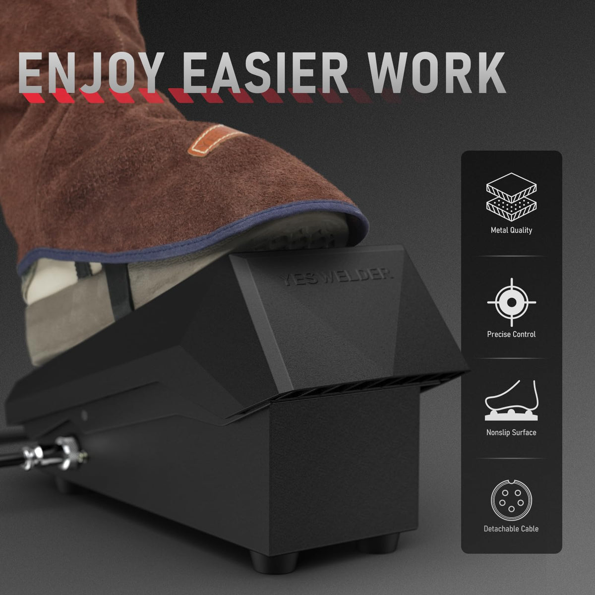 YESWELDER TIG foot pedal side view highlights slim profile for comfortable foot operation.