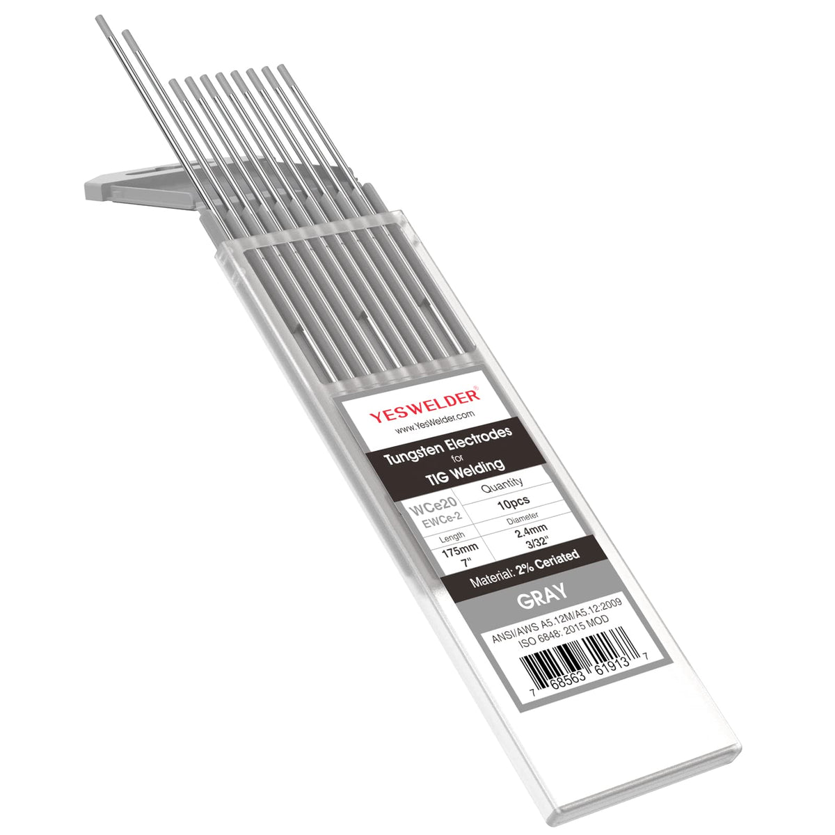 YESWELDER tungsten electrode ceritiated 3/32in x 7in gray packaging suitable for DC welding.
