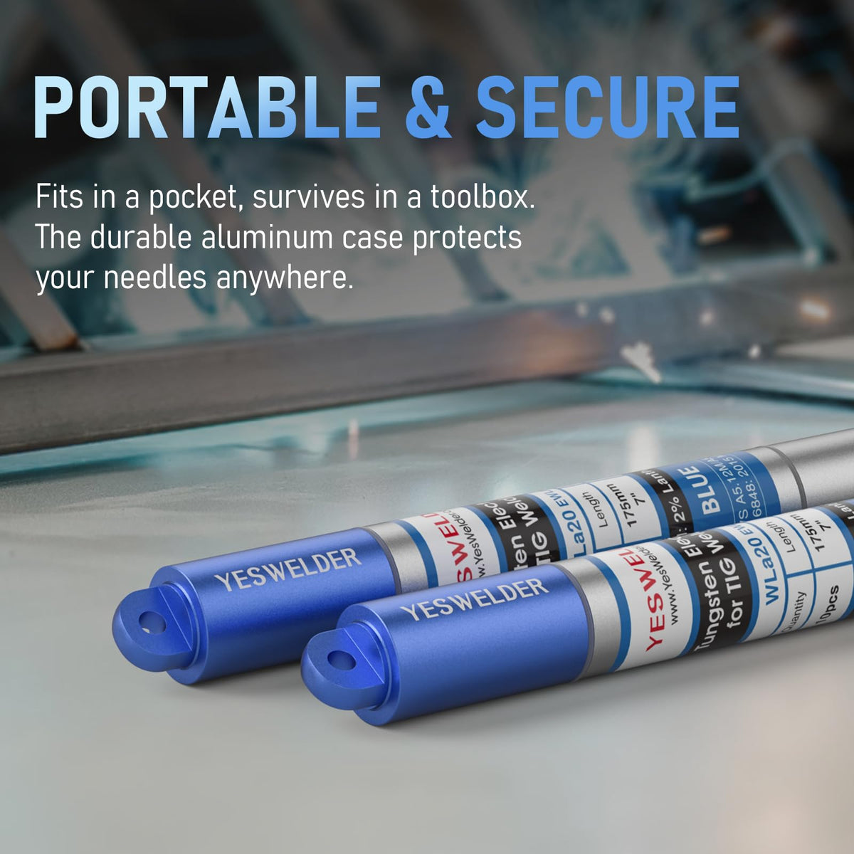 YesWELDER gasket-protected lid shields sharpened tips during transport.