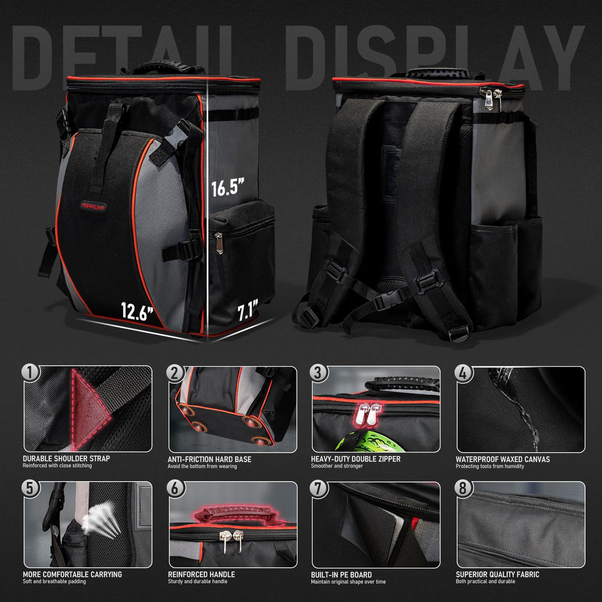 YesWelder welding backpack with high capacity stores helmet, jacket, gloves, and tools for easy transport.
