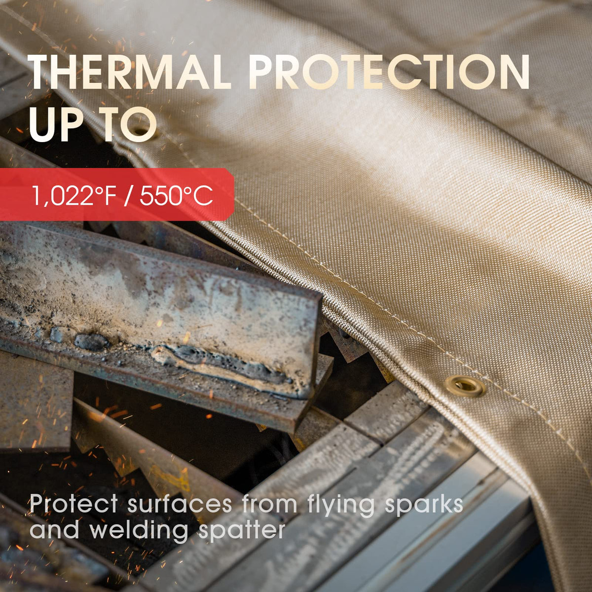YESWELDER blanket features brass grommets for secure hanging and easy setup.