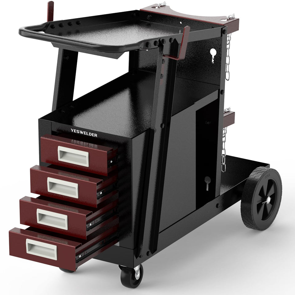 YESWELDER welding cart with 4 drawers offers organized MIG/TIG tool storage.