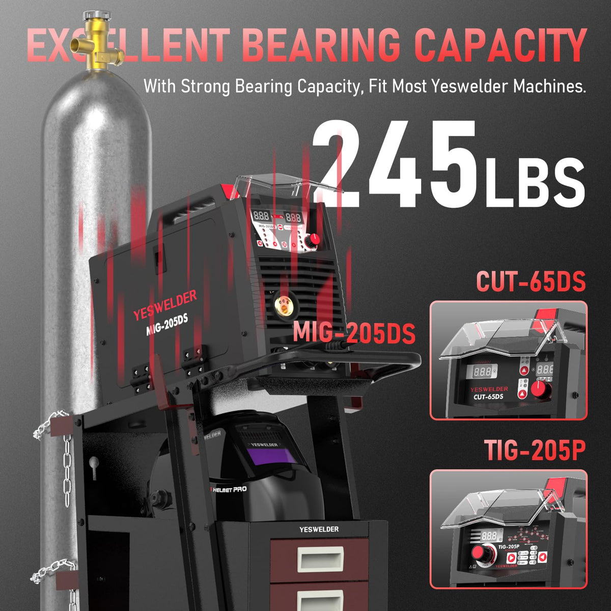 YESWELDER welding cart work surface provides spacious top for tools.