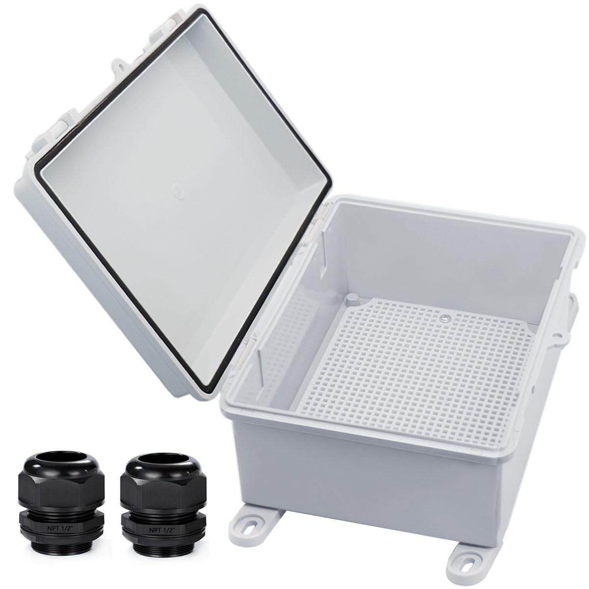 YETLEBOX waterproof outdoor junction box with hinged lid protects circuits outdoors.