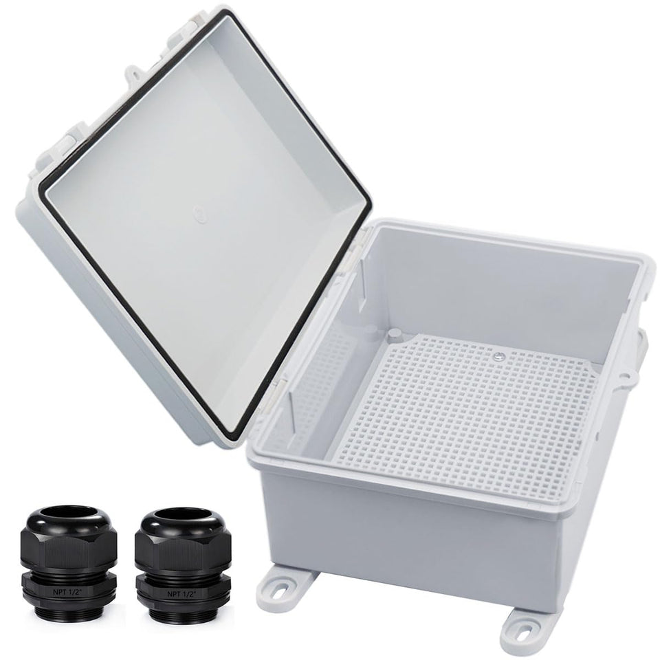 YETLEBOX waterproof outdoor junction box with hinged lid protects circuits outdoors.
