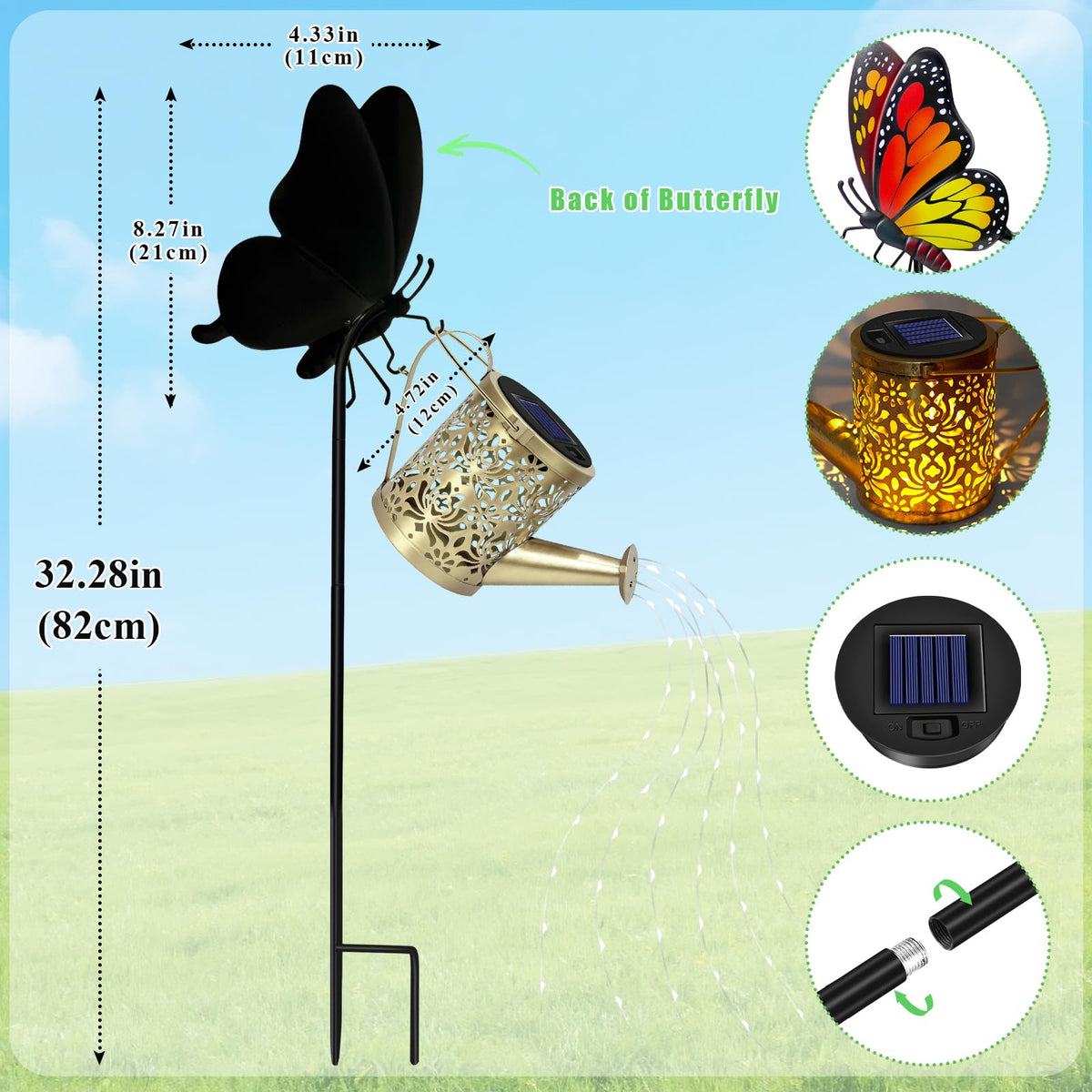 Yeuago butterfly shepherd hook with solar stake and soft glow