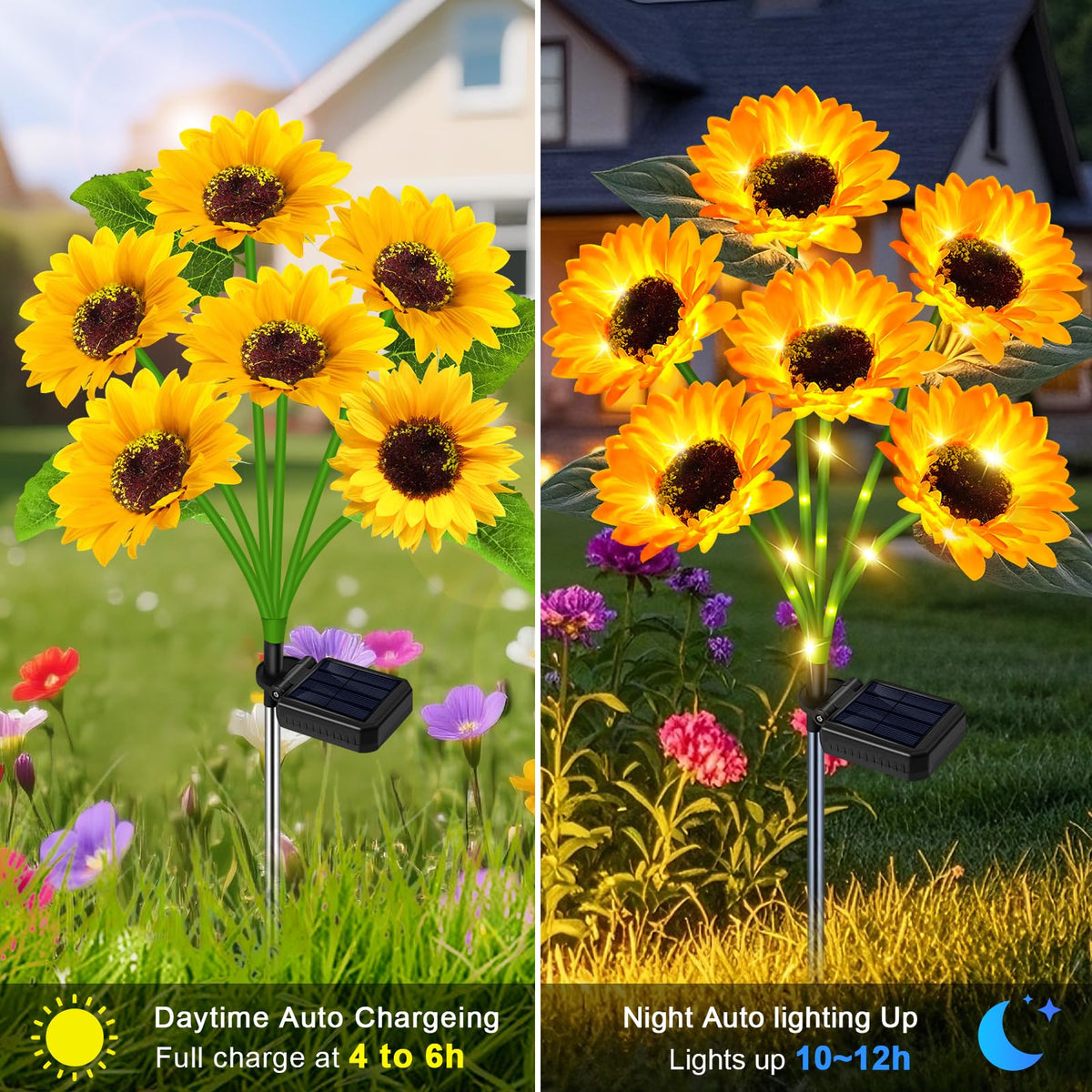 Yeuago yard decor sunflower stakes for patios and flower beds at night