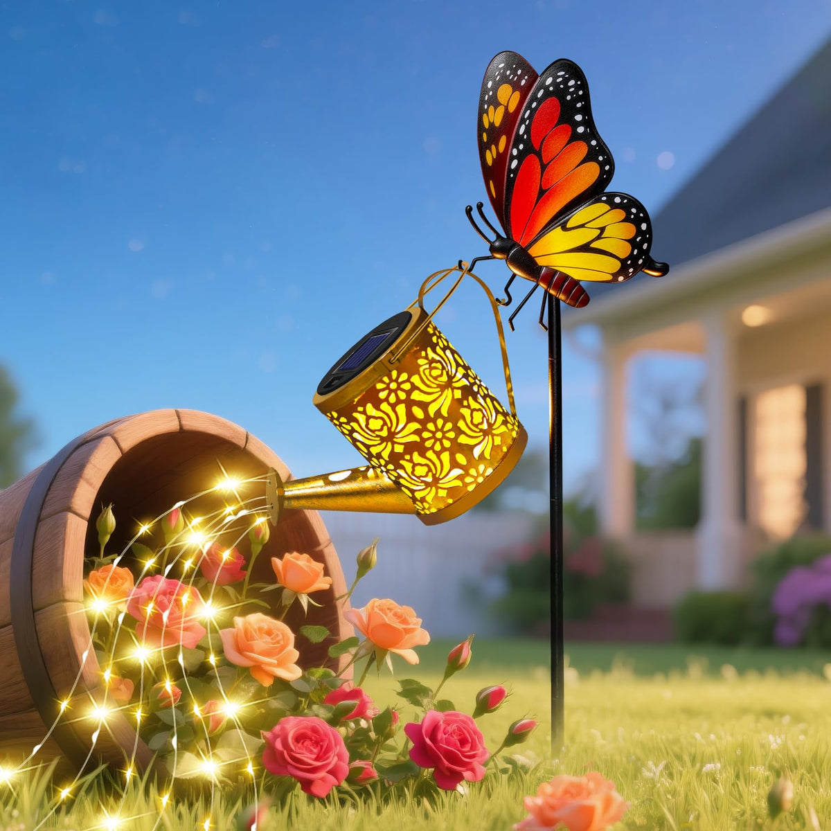 Yeuago watering can lights cascade for magical garden ambiance at night