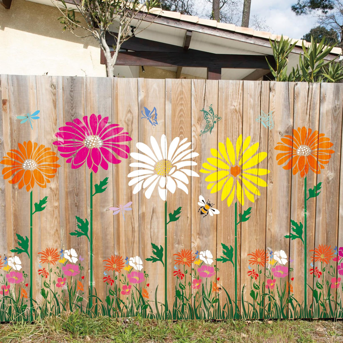 yhliua fence8 sunflower stencil for dramatic outdoor decor on wood fences.