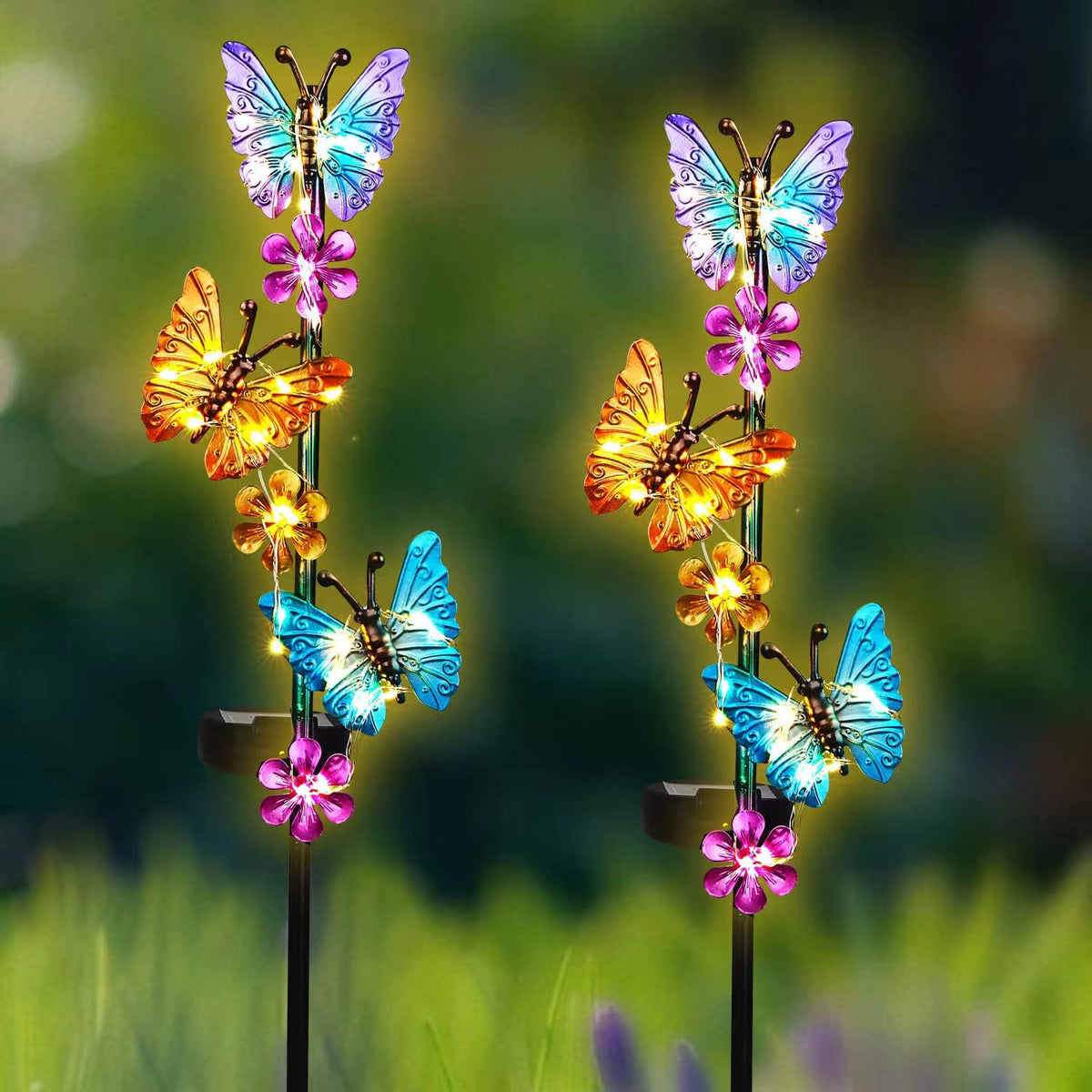 YHSOLAR butterfly stake lights create warm glow along paths.
