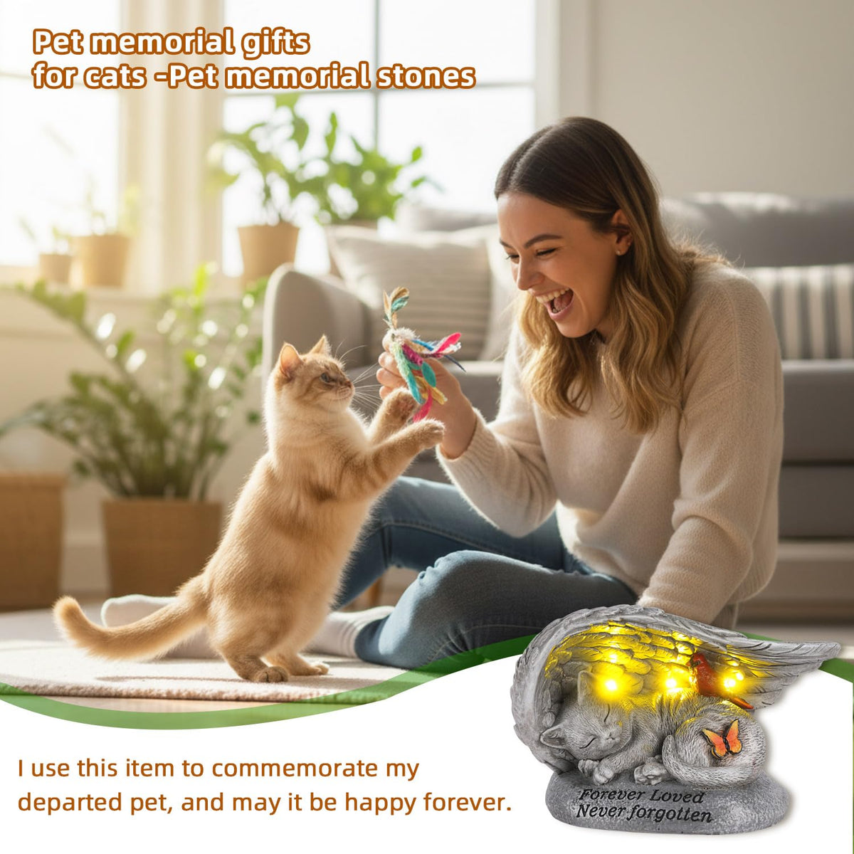 YHSOLAR sleeping cat statue on rock with cardinal and butterfly design