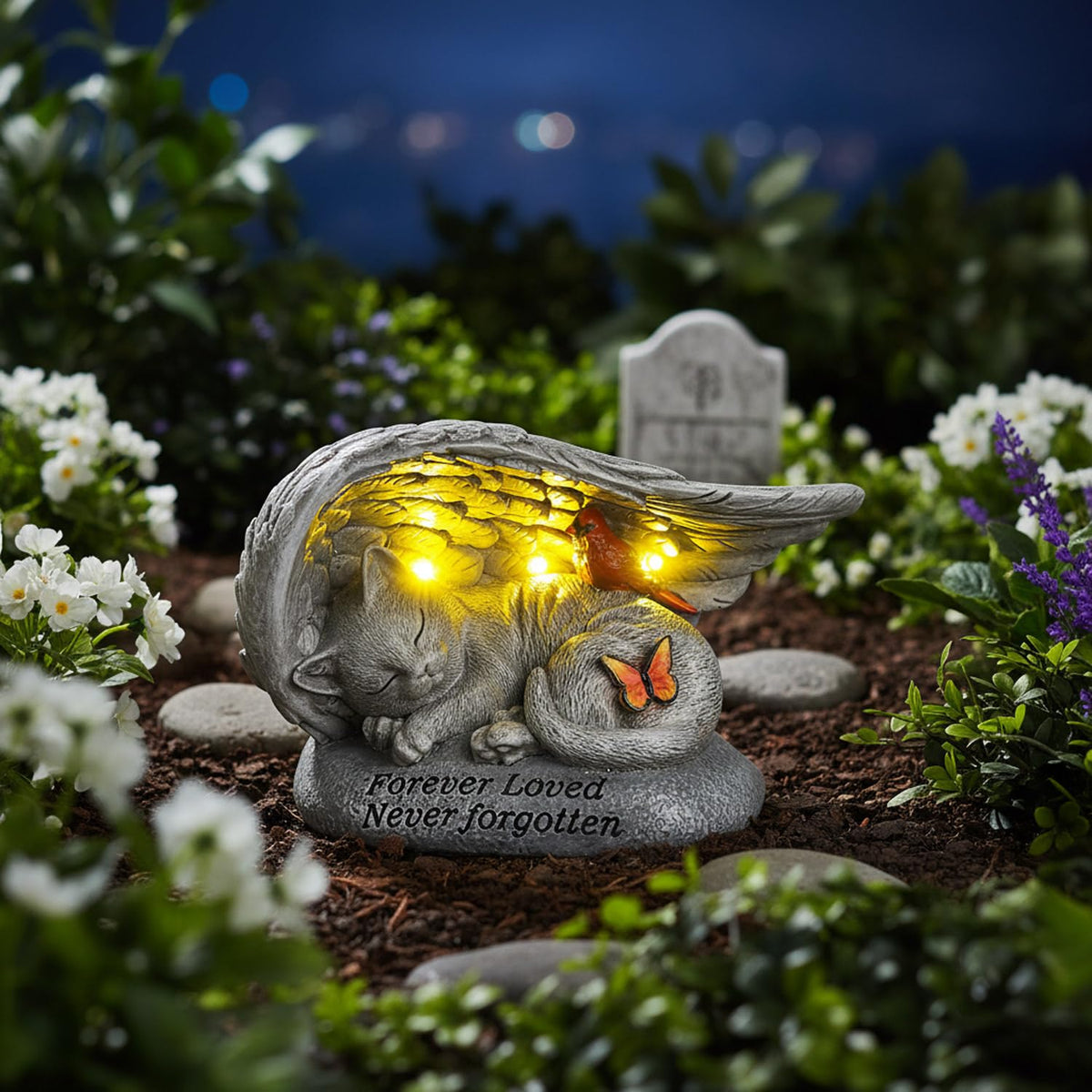 YHSOLAR cat memorial statue illuminated at night for ambiance