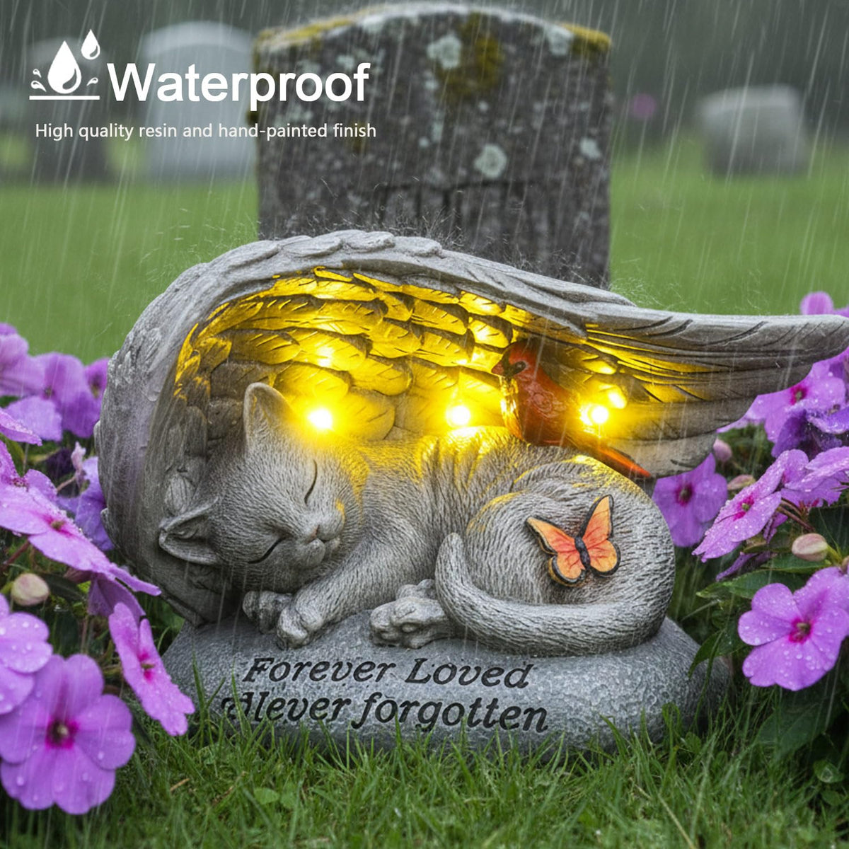 YHSOLAR weather-resistant resin cat headstone in gray finish