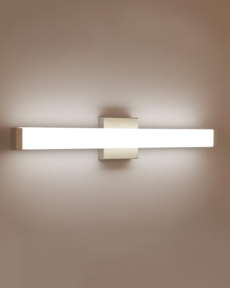 YHTlaeh vanity light in brushed nickel square 24in delivers even illumination for mirrors.