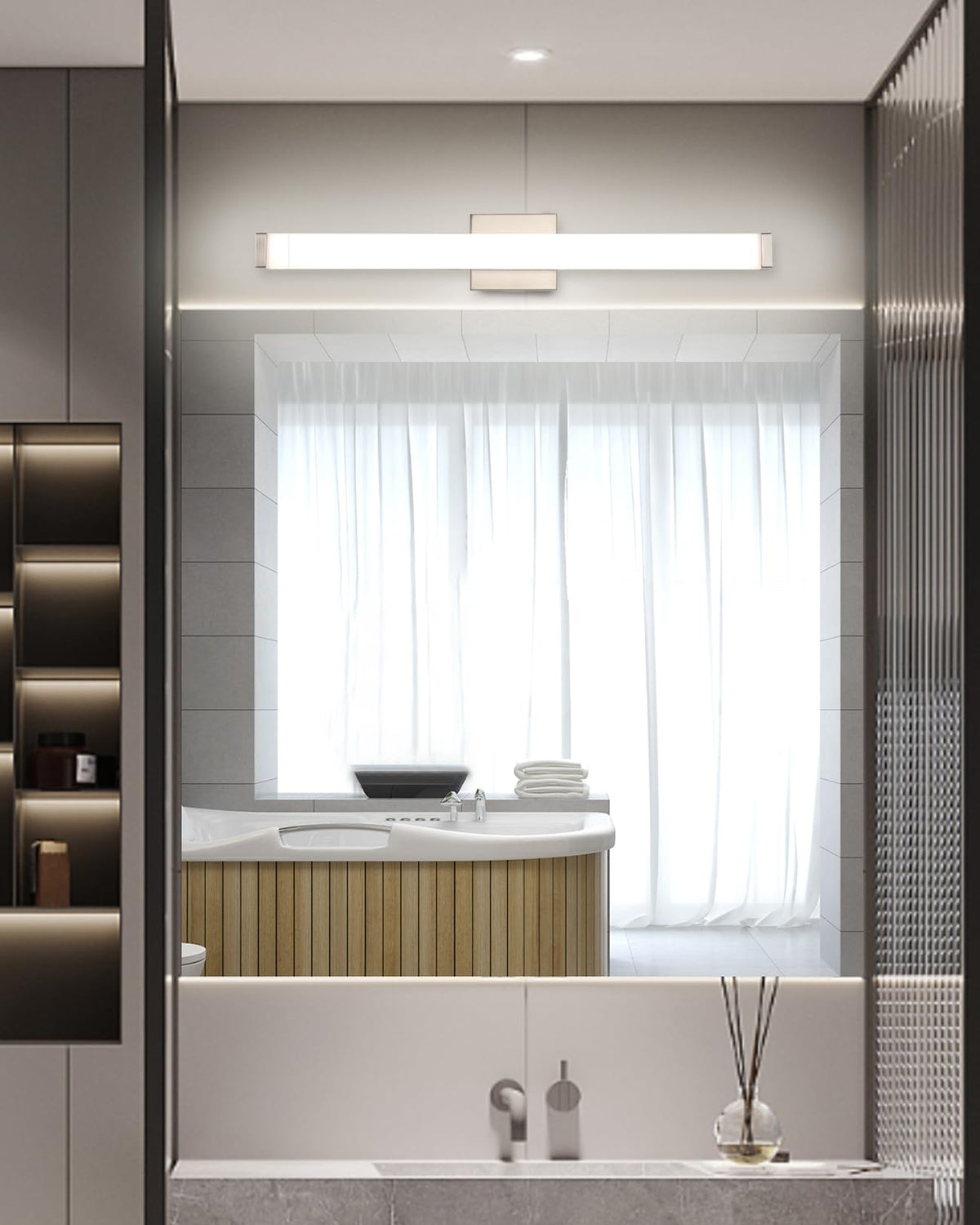 YHTlaeh brushed nickel finish detail complements contemporary baths.