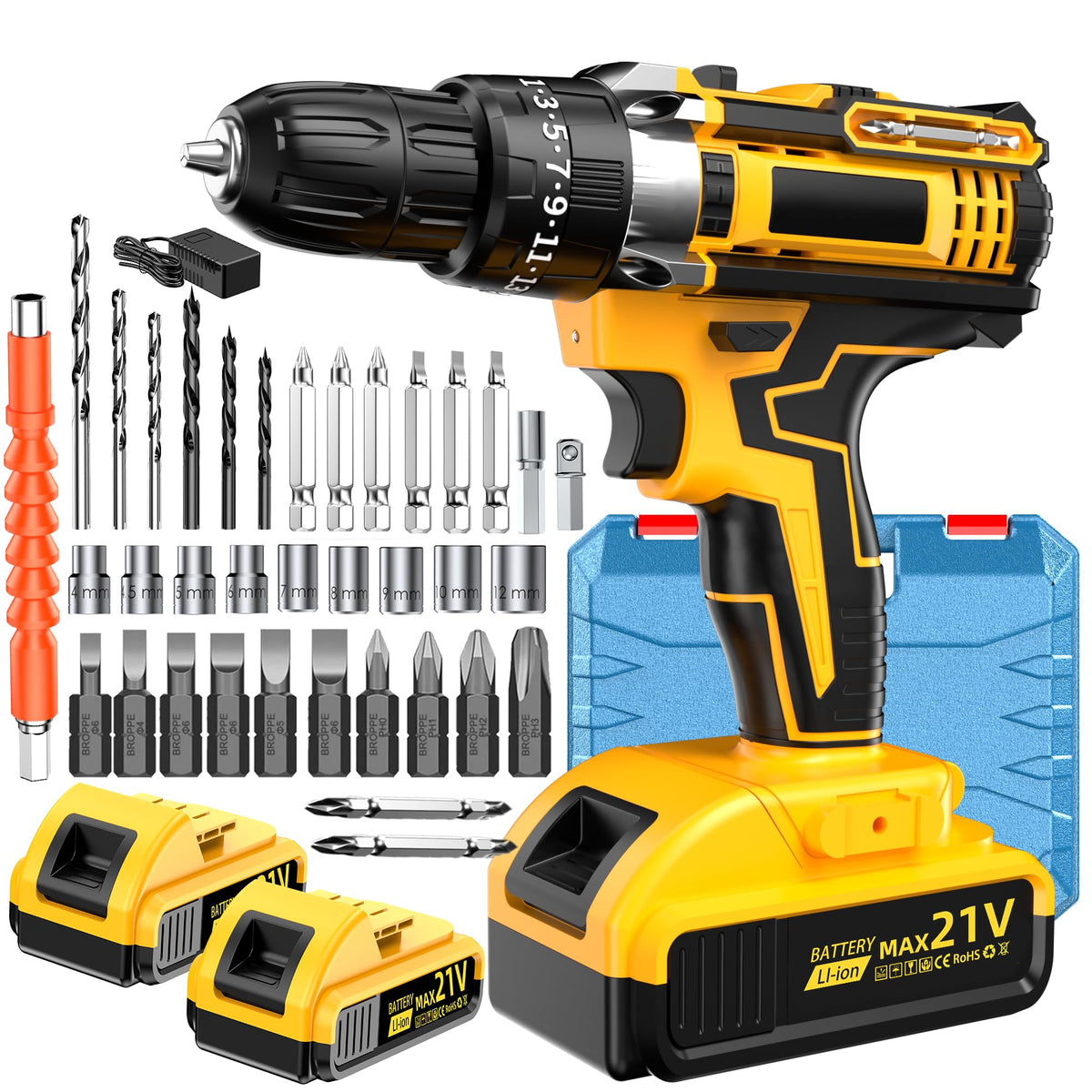 YHTQX 21V cordless drill driver with 3/8 inch keyless chuck for versatile drilling