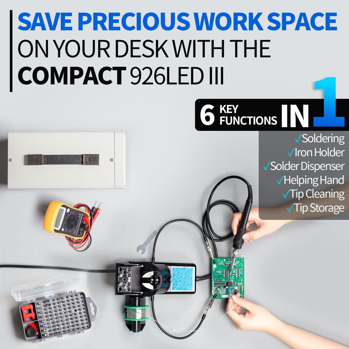 Six compatible tips included for diverse soldering tasks.