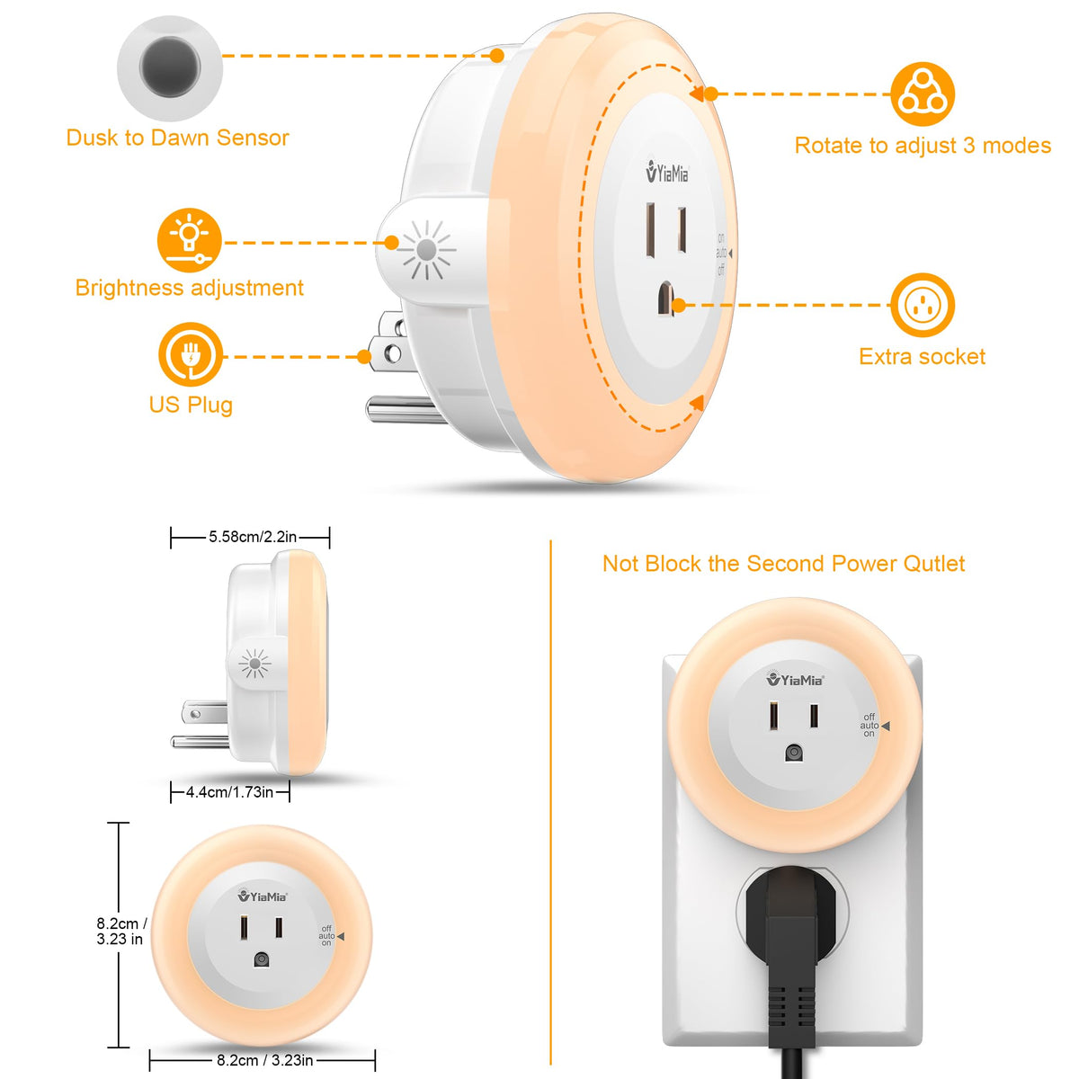 YiaMia compact plug-in design fits tight outlets without blocking others.