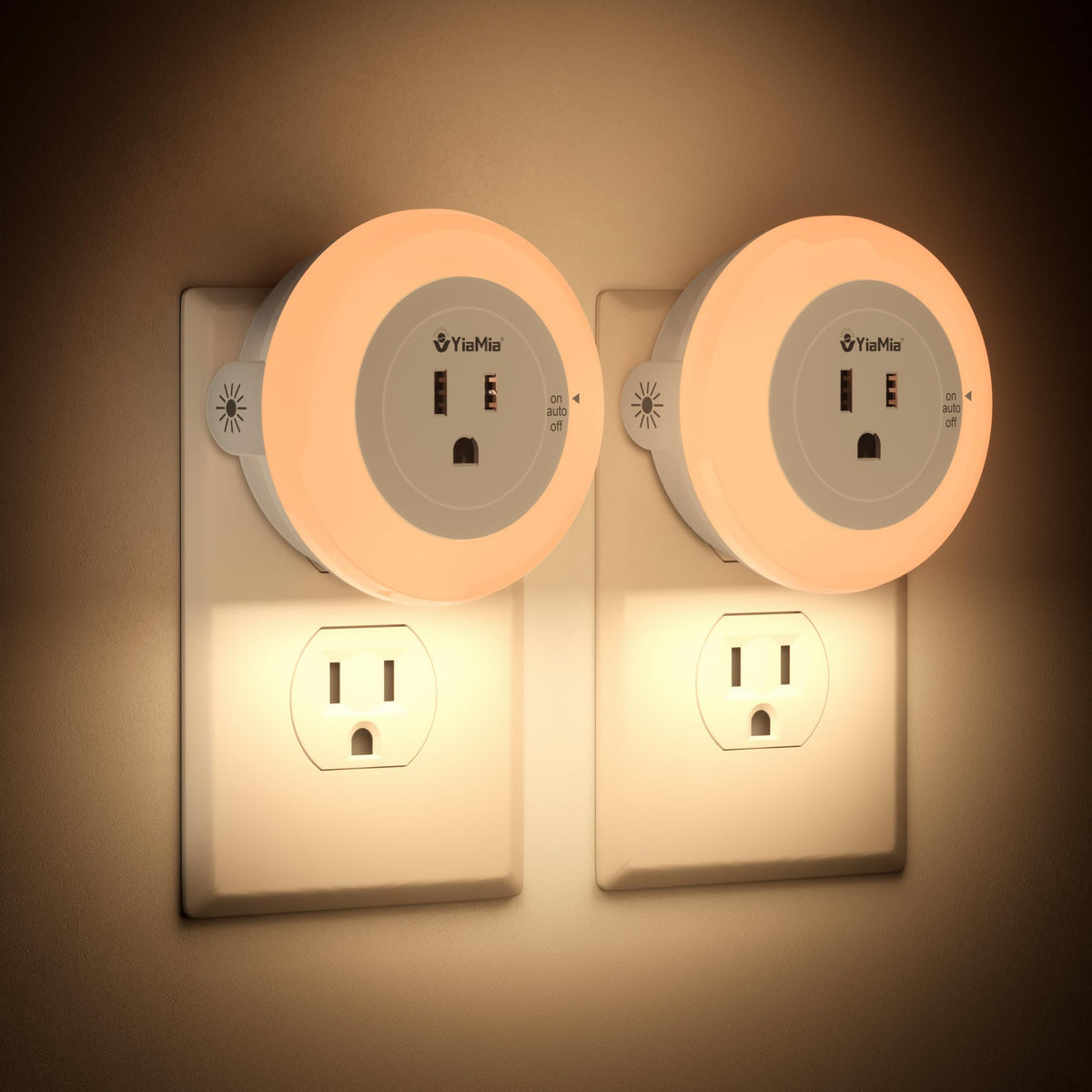 YiaMia night light with outlet beside bed offers extra socket use.