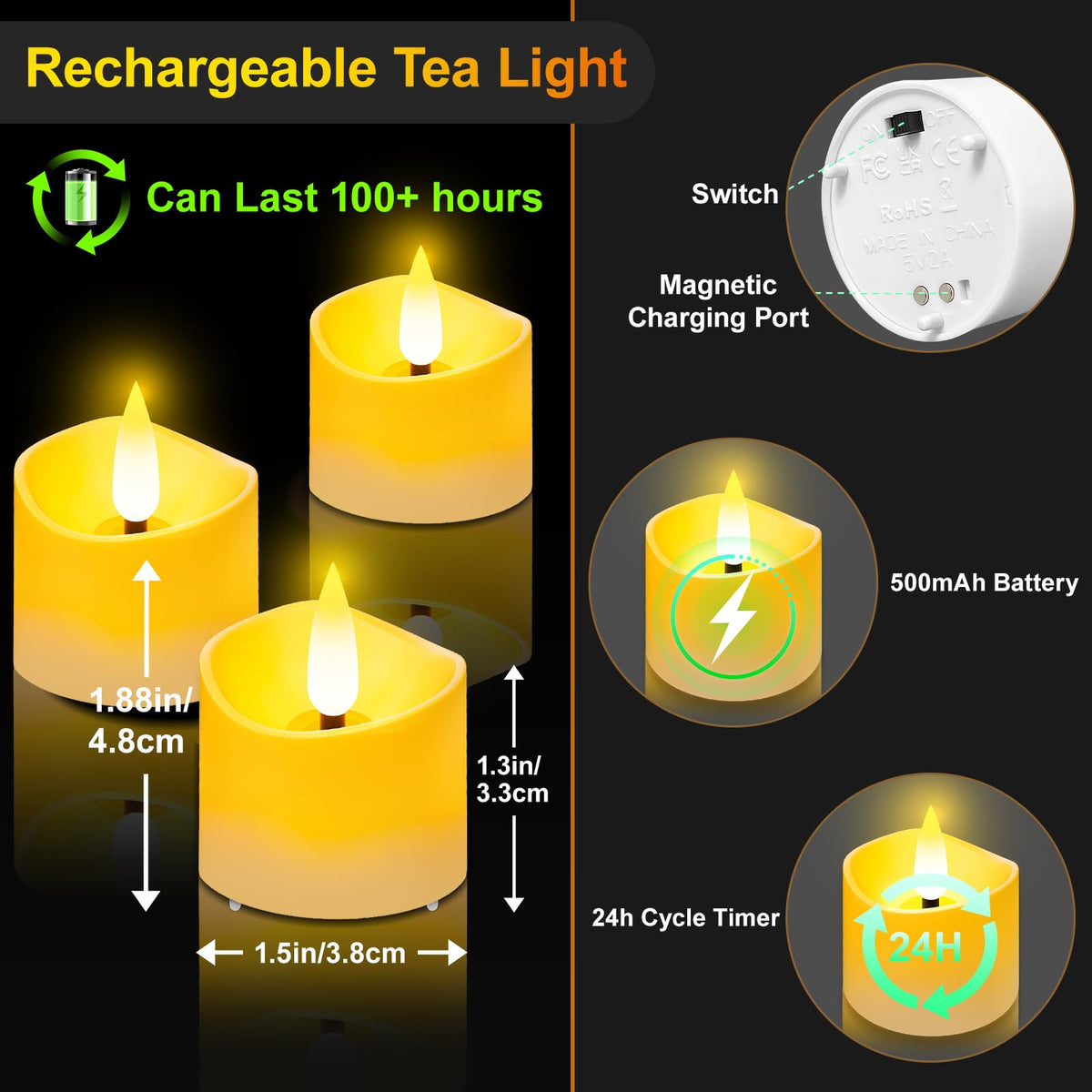 YiaMia tea light charging base powering rechargeable candles quickly for long-lasting use