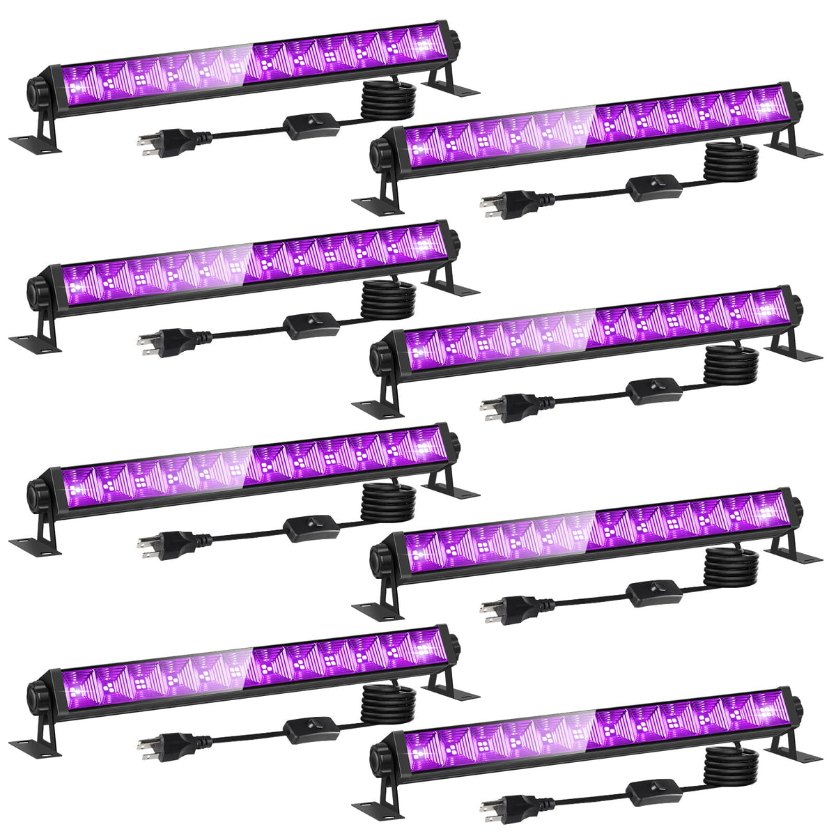 YIAYETOG 8-pack 40W black light bar front view reveals vivid neon glow for parties
