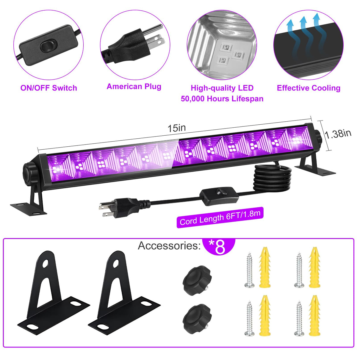 YIAYETOG 8-pack 40W black light bar illuminating room for striking glow effects
