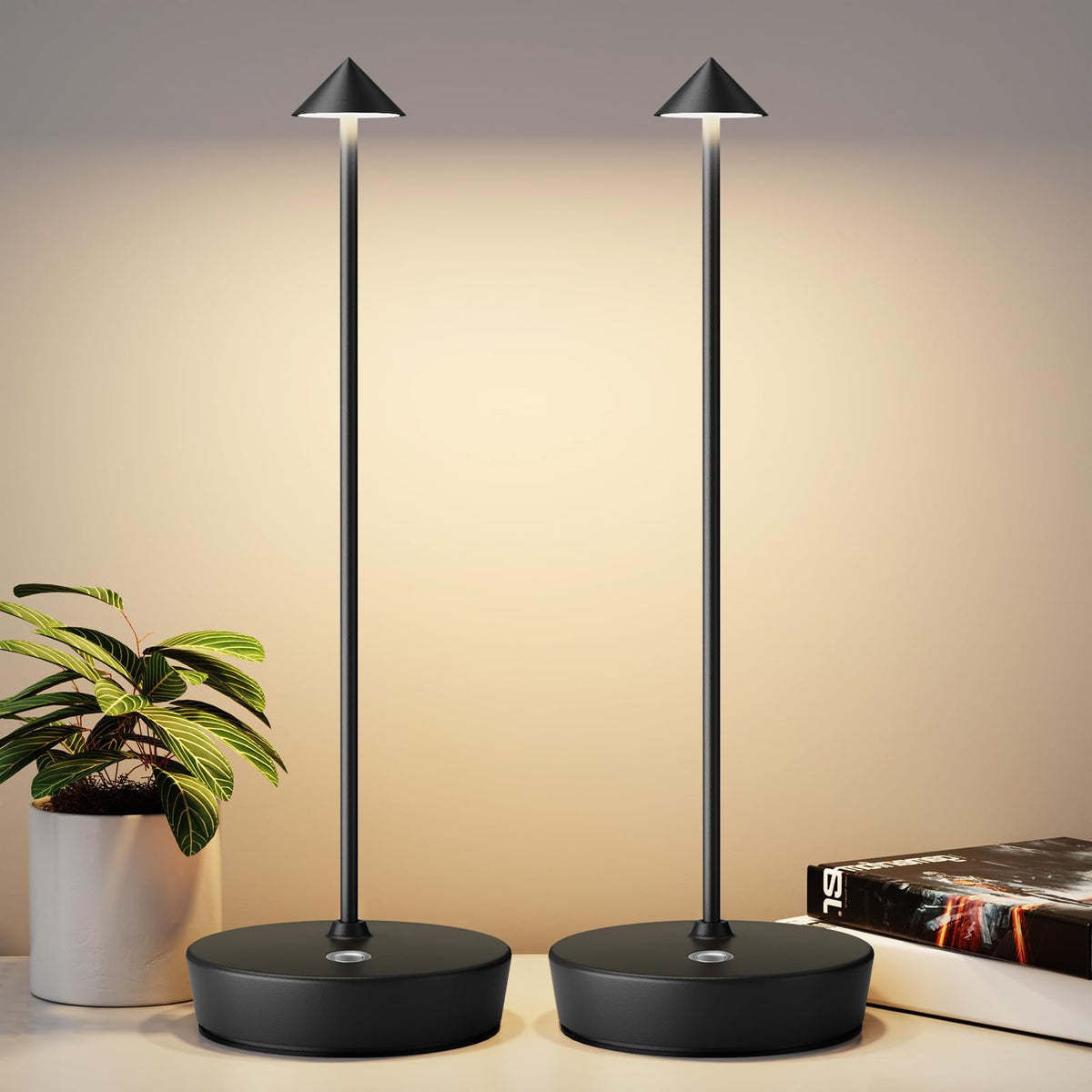 YIBEN 2-pack cordless desk lamp black body, modern and durable for home and cafe environments.