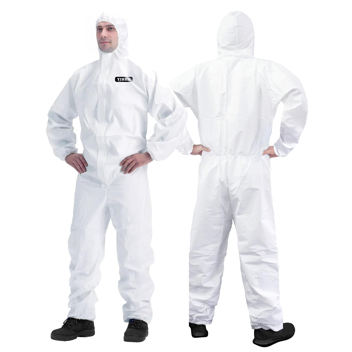 YIBER Hazmat Suit Disposable Coverall with full-body coverage for painting and cleanup.