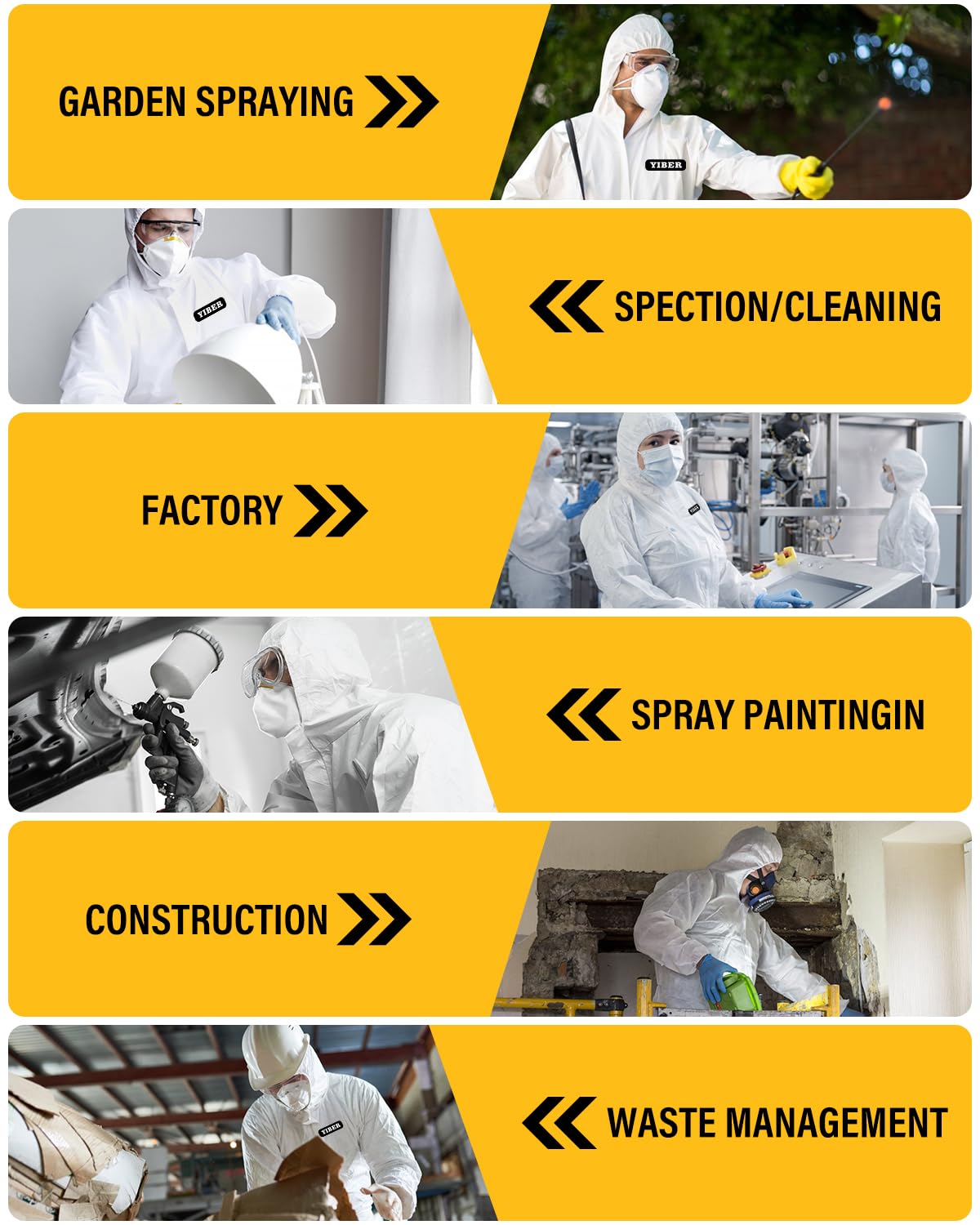 YIBER Hazmat Suit Disposable Coverall uses lightweight fabric for comfortable all-day wear.