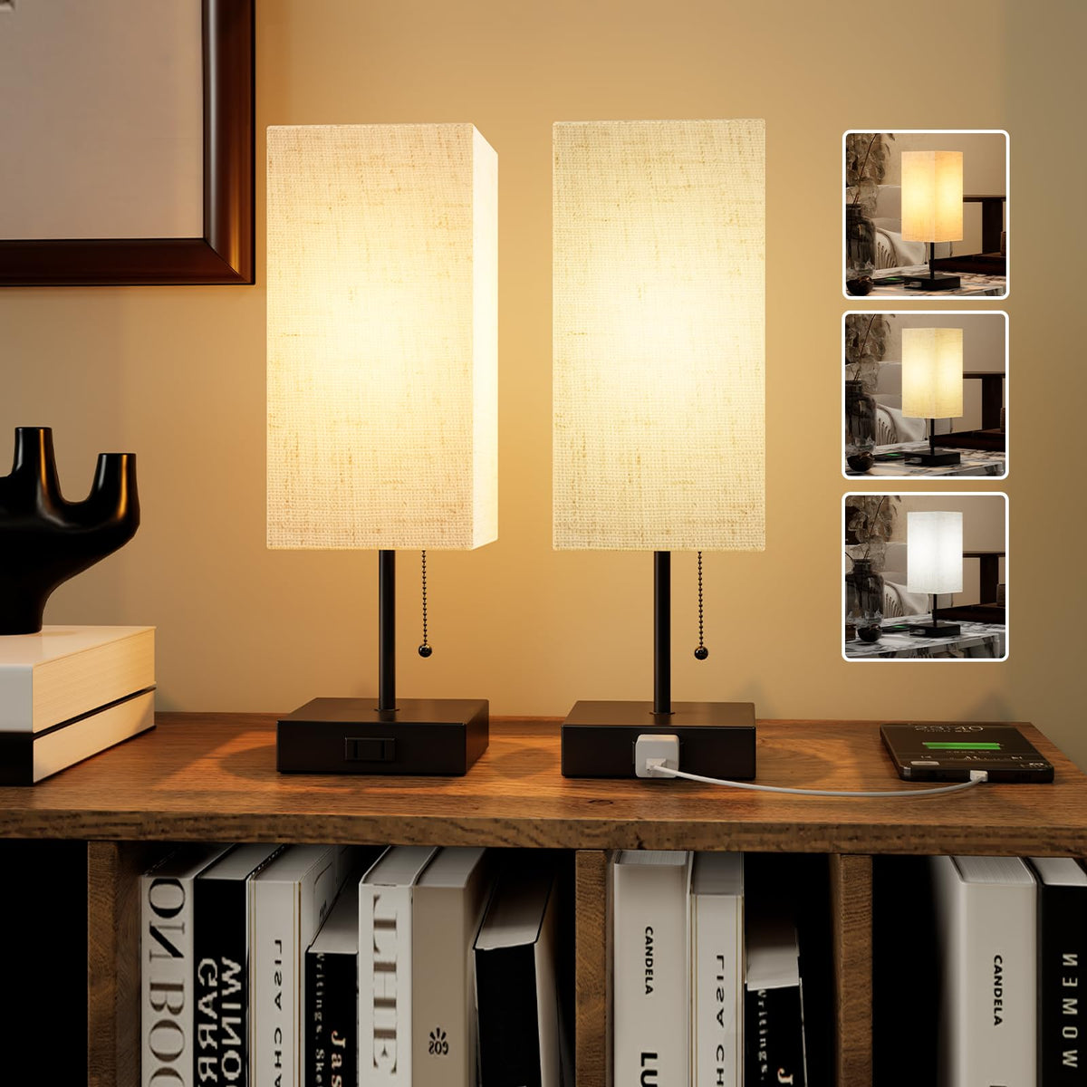 YIDPU table lamp with linen shade shows warm, natural, and cool modes for relaxing evenings.
