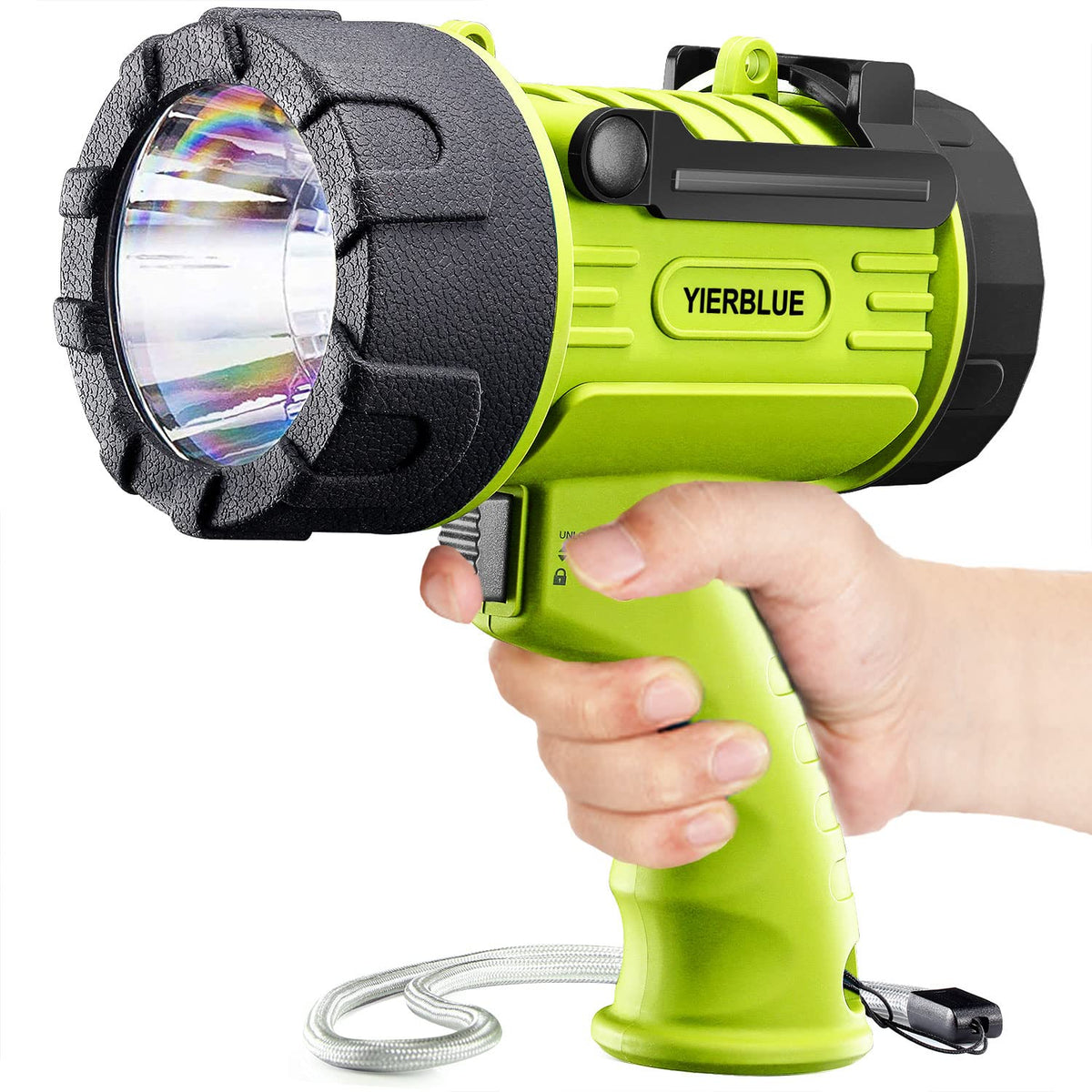 YIERBLUE rechargeable spotlight with 2,000,000 lumens for expansive night visibility
