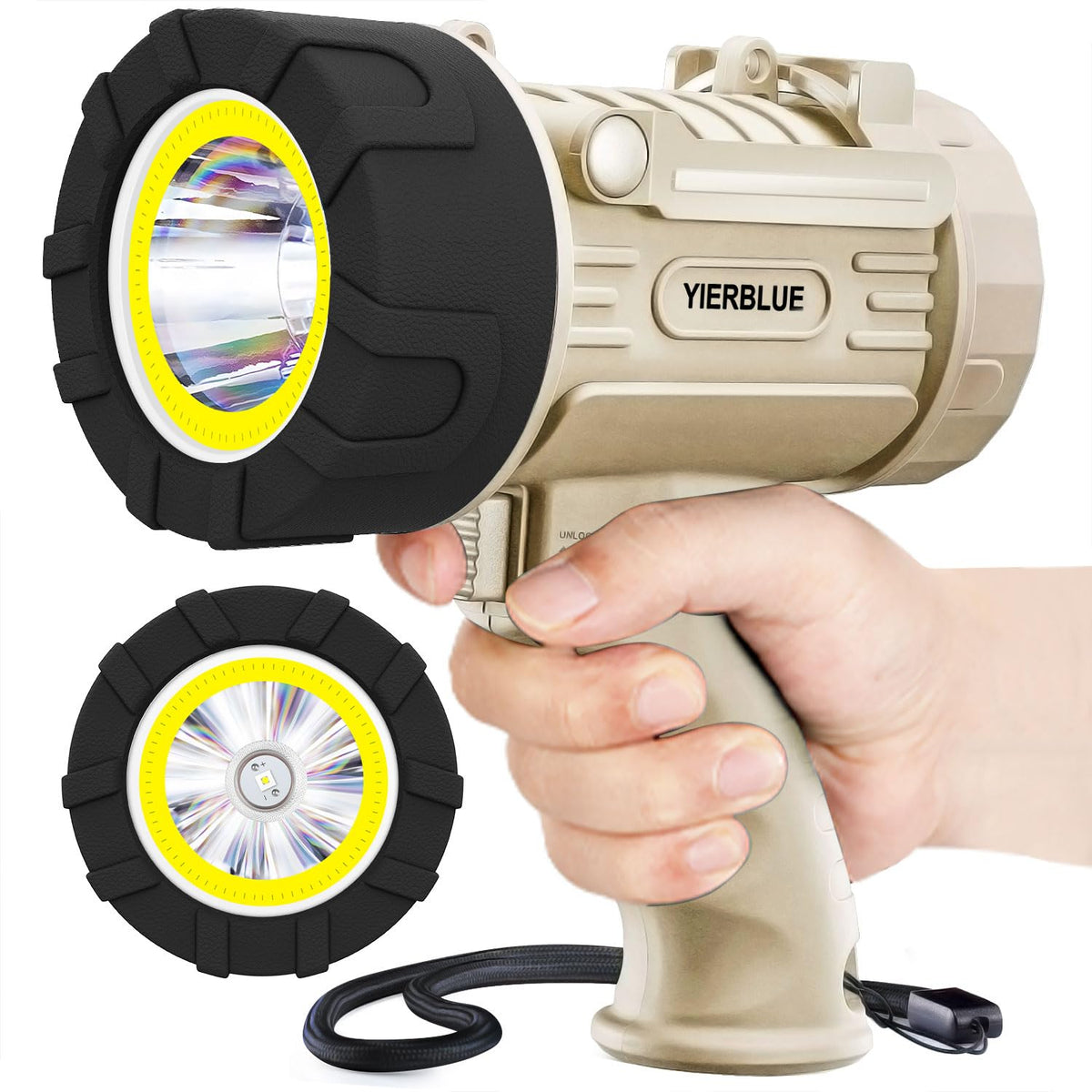 YIERBLUE rechargeable spotlight beam extended for long-range outdoor visibility.