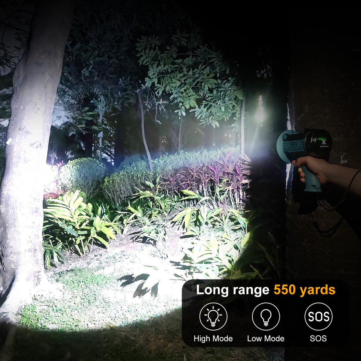 YIERBLUE rechargeable spotlight beam reaches 550 yards for outdoor tasks