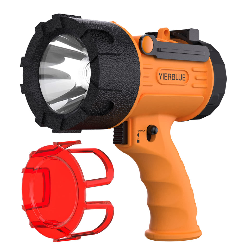 YIERBLUE rechargeable spotlight front view with a bright beam for outdoor tasks.