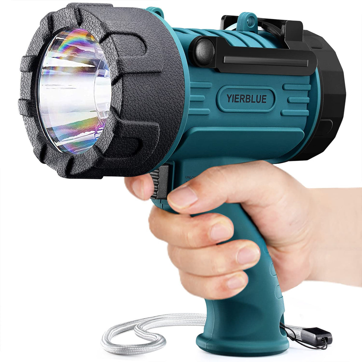 YIERBLUE rechargeable spotlight front view showing rugged body and bright beam