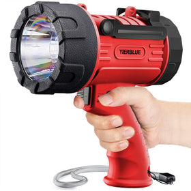 YIERBLUE rechargeable spotlight with 2,000,000-lumen beam for long-range visibility.