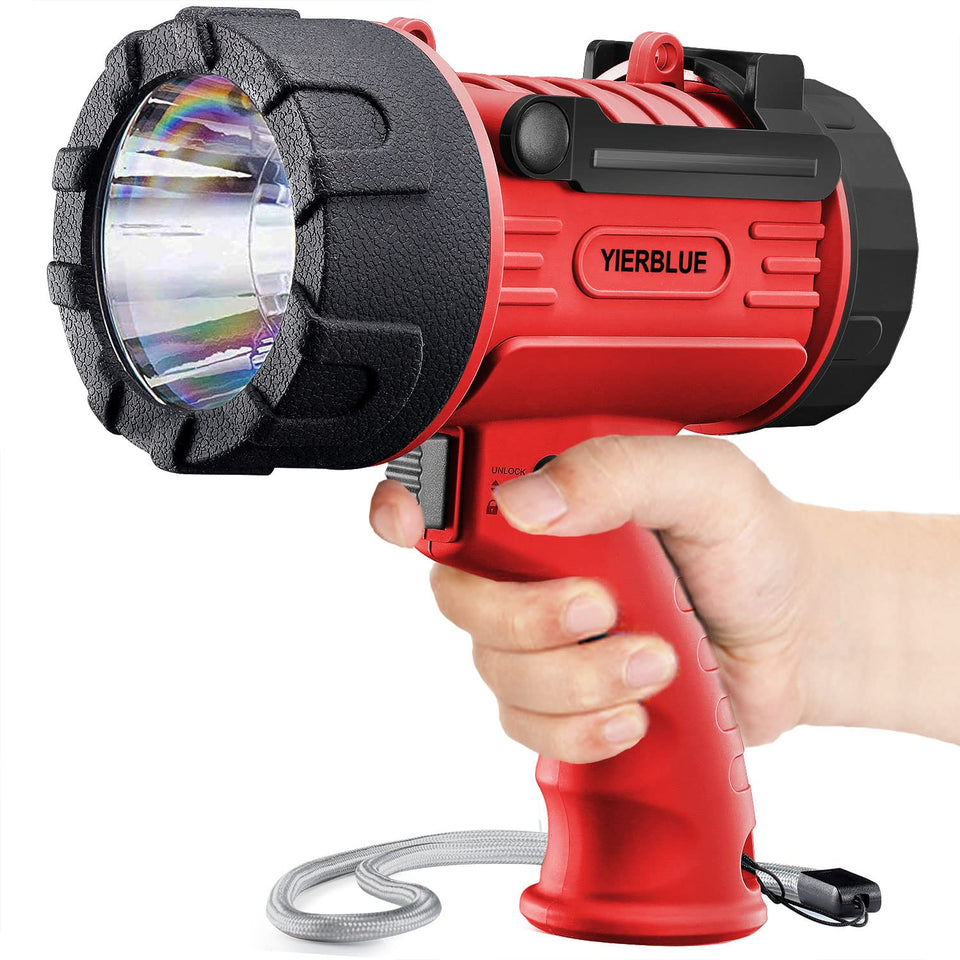 YIERBLUE rechargeable spotlight with 2,000,000-lumen beam for long-range visibility.