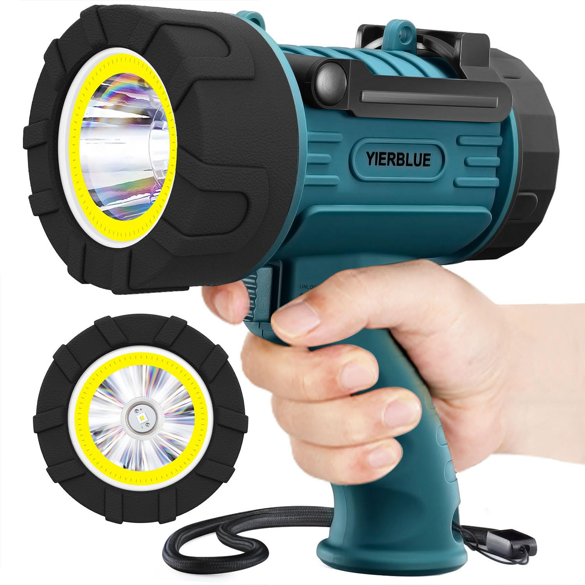 YIERBLUE spotlight with COB floodlight combo offers a powerful long-range beam for outdoor tasks.