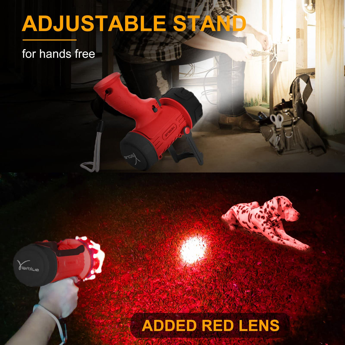 YIERBLUE spotlight with foldable stand for hands-free lighting.