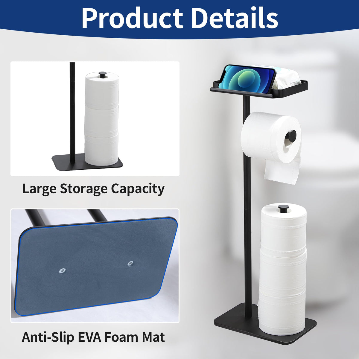 Base detail emphasizes anti-slip feet for steady use in damp bathrooms.