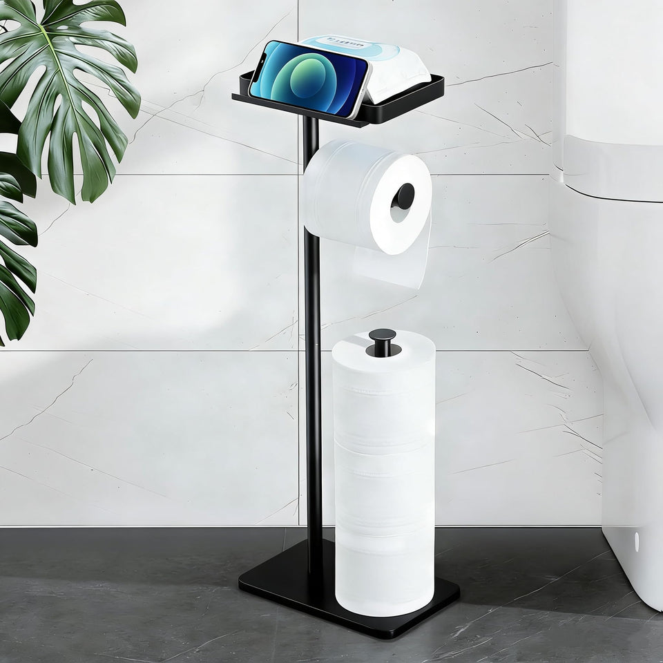 YIGII toilet paper holder stand with phone shelf, front view, shows a sturdy rustproof design.