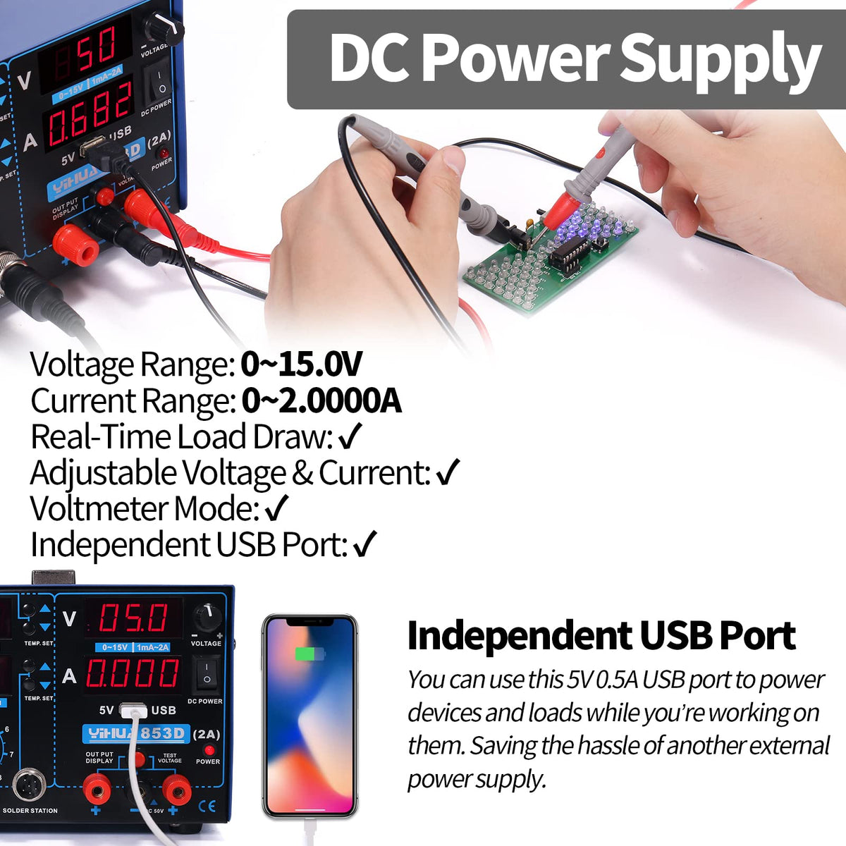 YIHUA 853D-soldering-iron-in-action captures tactile control and clean solder flow.