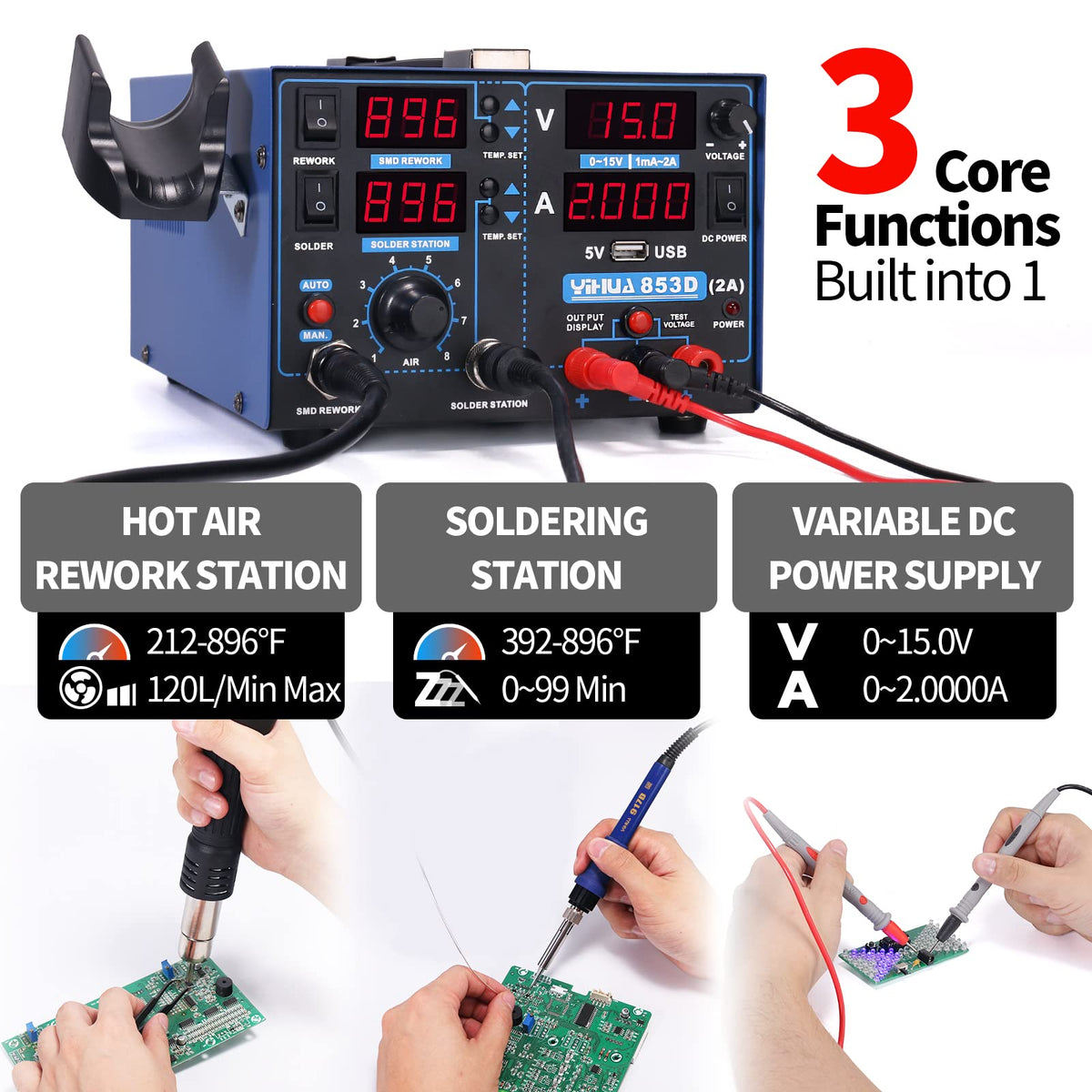 YIHUA 853D-usb-port-testing highlights accessible power for live-device debugging.