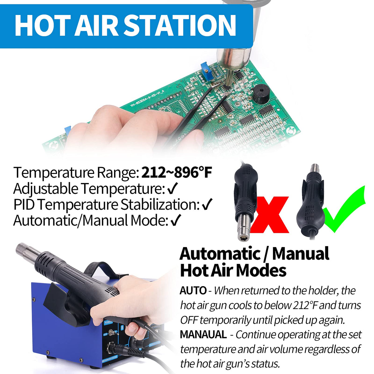 YIHUA 862BD+ metallic iron holder keeps the station organized