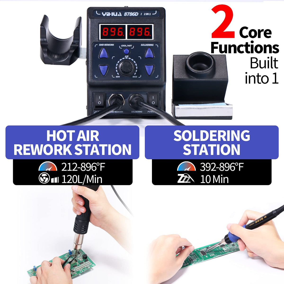 YIHUA 8786D hot air nozzle set supports clean rework on compact electronics.