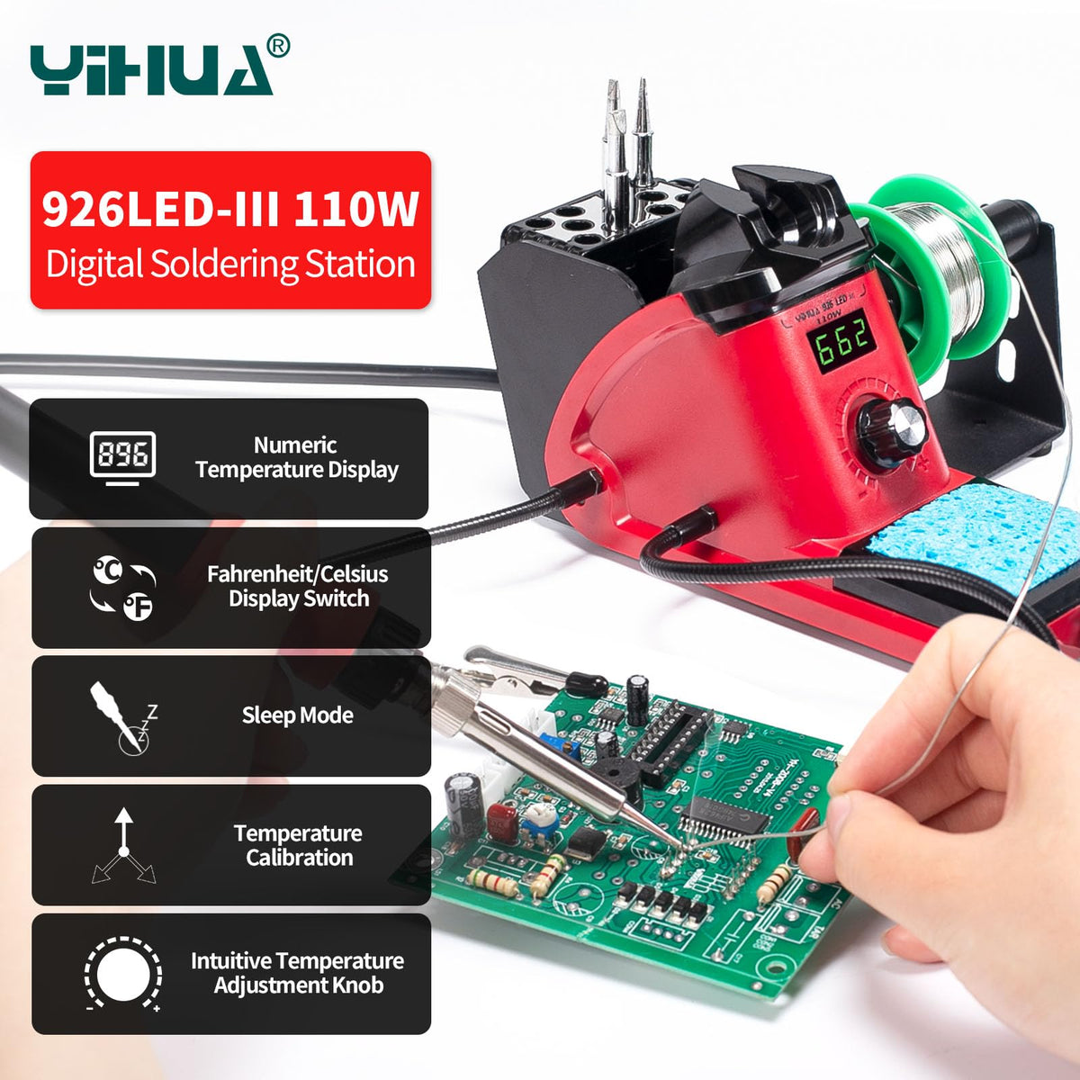 Two helping hands from the YIHUA kit stabilizing a small board
