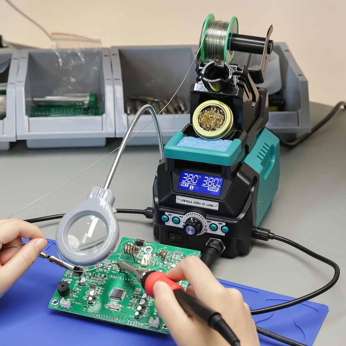 YIHUA 939D+ III EVO solder wire dispenser keeps workspace tidy