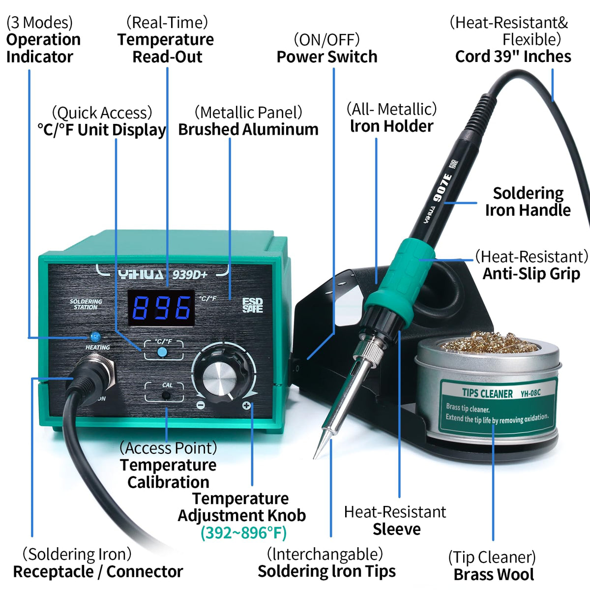 YIHUA 939D+ digital display shows precise °C/°F control for accurate work.