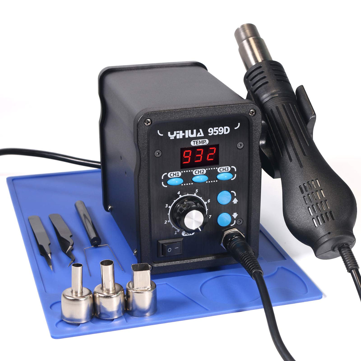 YIHUA 959D hot air station front view with precision control panel.