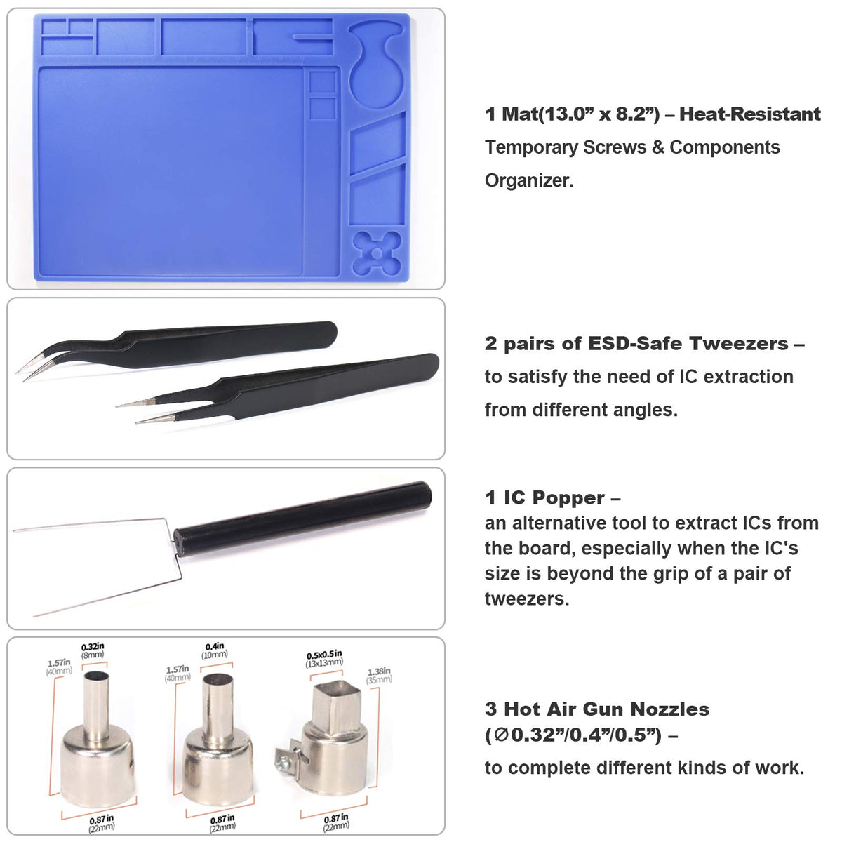 YIHUA 959D hot air nozzle attachment for versatile tasks.